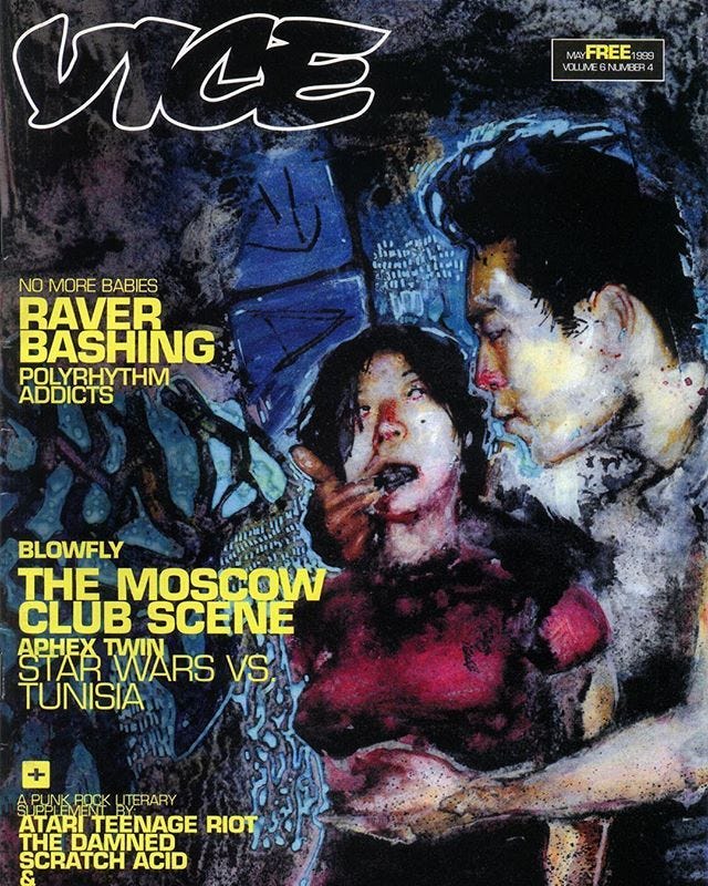 This may contain: the cover of vg3 magazine, featuring two people with blood on their face