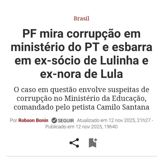 News headline image from Brazilian media outlet SEGUR with title PF mira corrupcao em ministerio do PT e esbarra em ex-socio de Lulinha e ex-nora de Lula detailing PF operation against corruption in PT ministry involving Lula family associates and Minister Camilo Santana with publication date 25 Nov 2025 and update timestamp