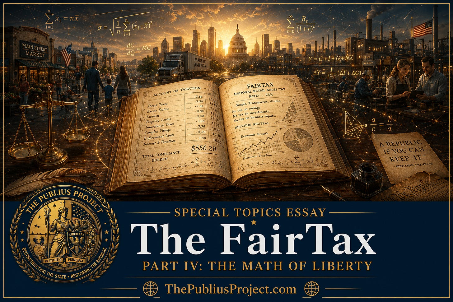 A cinematic essay cover shows an open ledger filled with tax calculations, charts, and FairTax notes. Mathematical formulas, a city skyline, factories, families, and the U.S. Capitol appear in the background, symbolizing the question of whether liberty and revenue can balance.