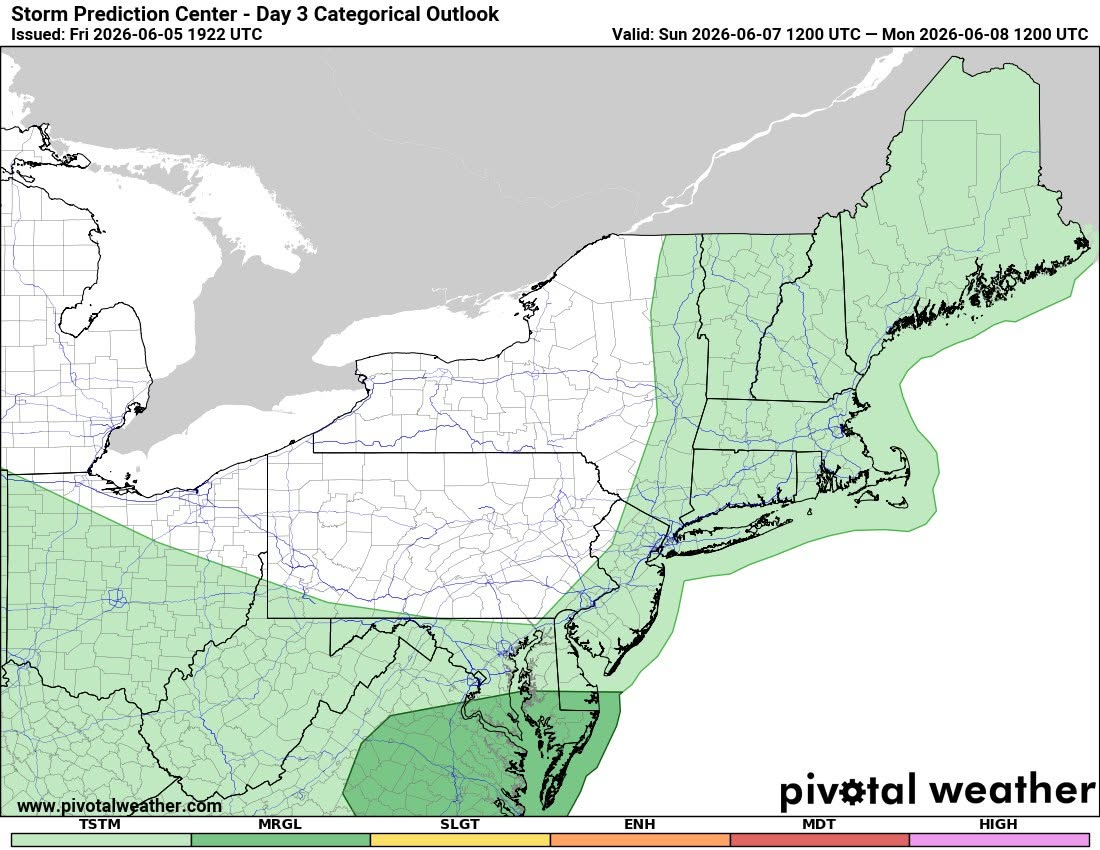 May be an image of map and text that says 'Storm Prediction Center Issued: Fri 2026-06-05 2026- 1922 Day 3 Categorical Outlook Valid: Sun 2026-06-07 1200 C- -Mon 2026-06-08 1200 C www. www.pivotalweather.com TSTM MRGL SLGT ENH piv#tal weather MDT HIGH'