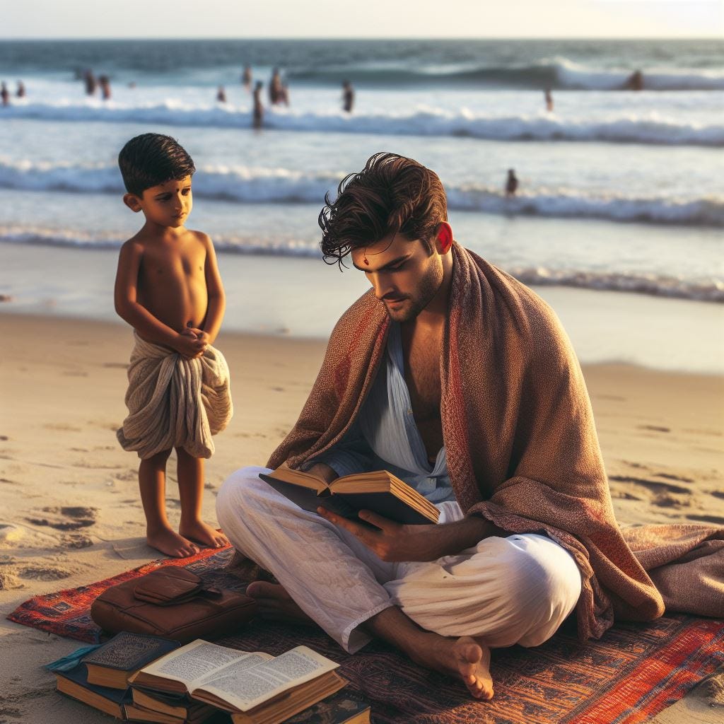 a young man was sitting draped in a traditional dhoti and shawl with a book in hand on the shores of sea and a young boy standing beside curiously observing the man, both facing the sea.