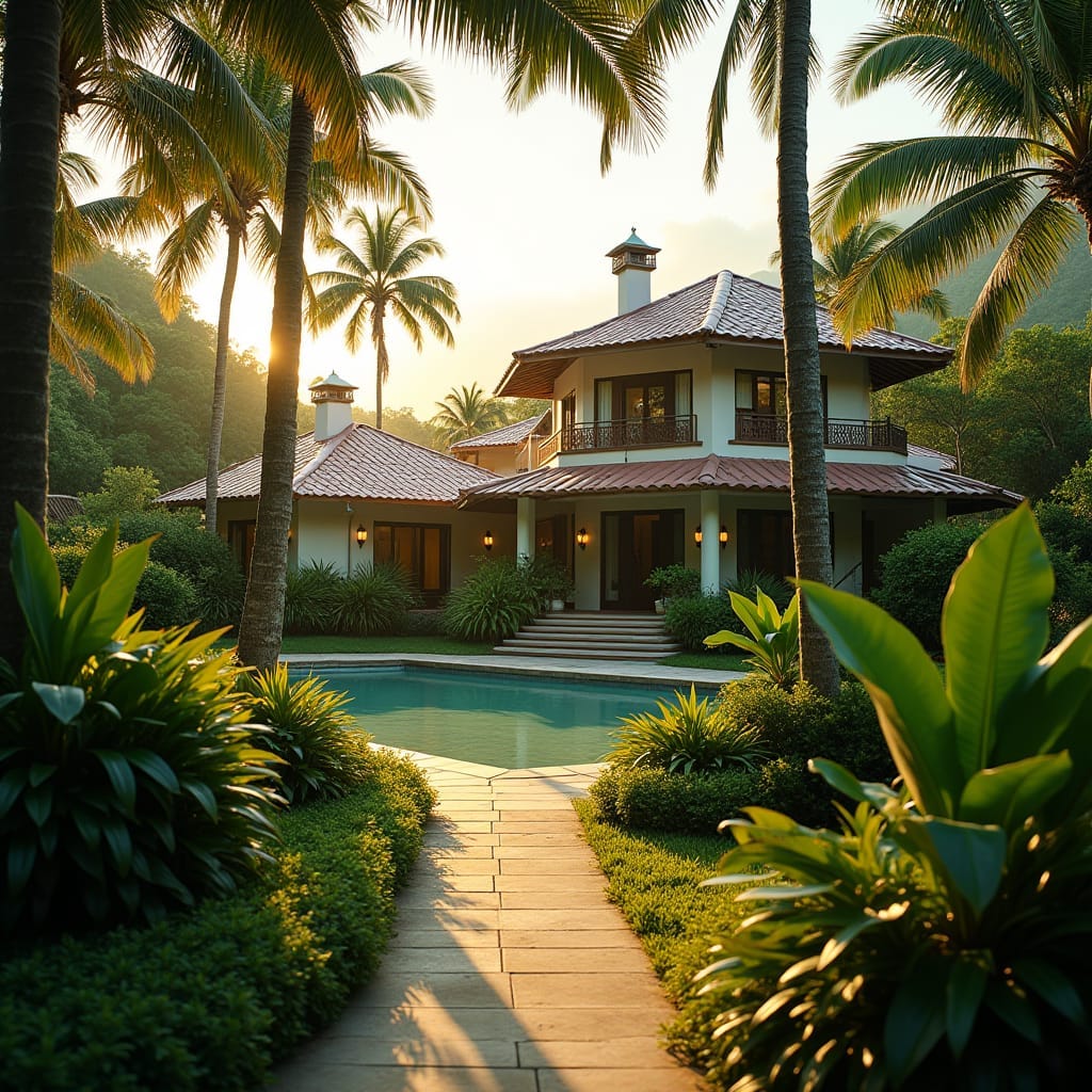 Lush Jamaican estate with a Combination Roof, surrounded by swaying palm trees and vibrant tropical foliage, warm golden light casting long shadows across the property's elegant facade