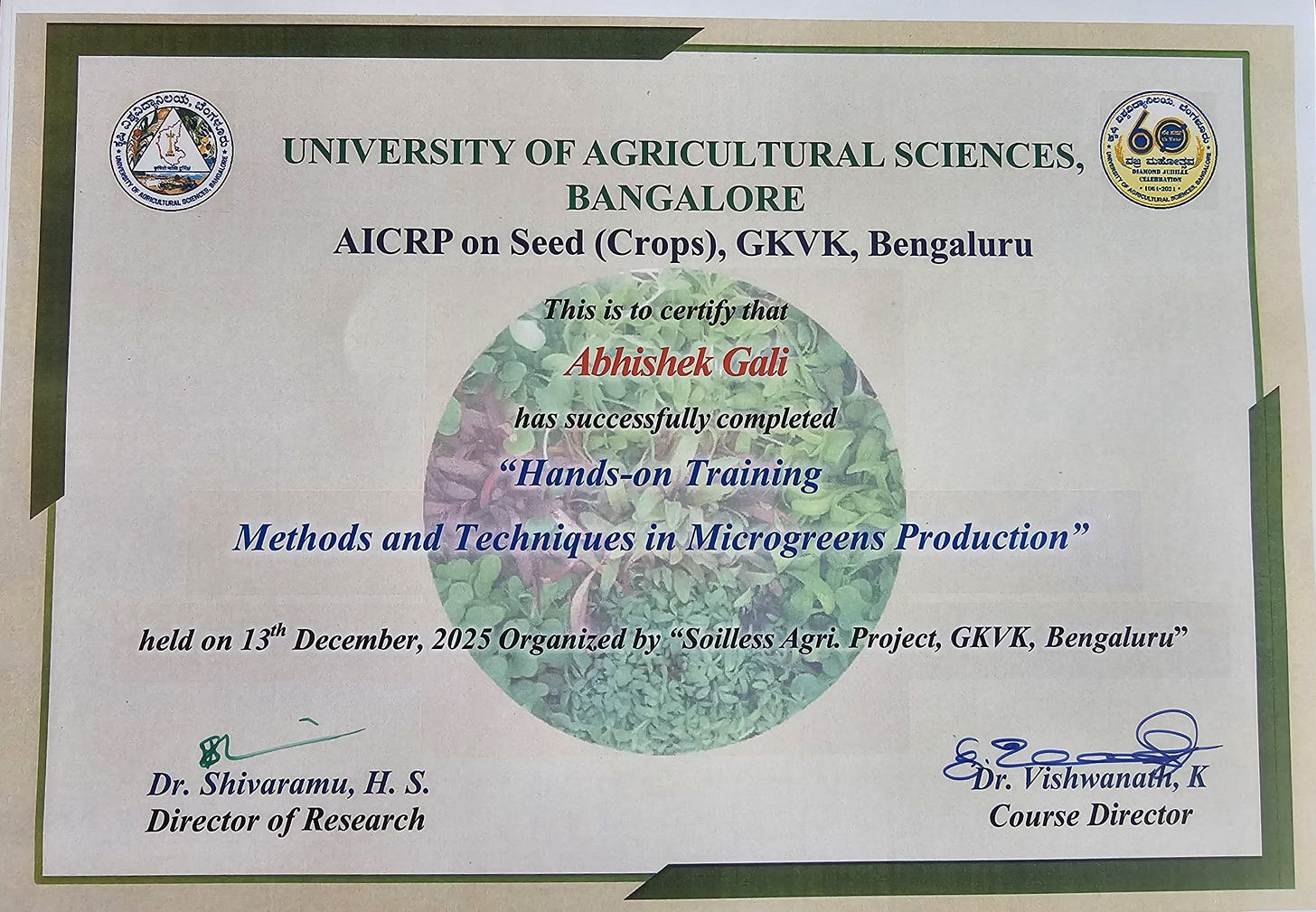 Certificate from the University of Agricultural Sciences, Bangalore awarded to Abhishek Gali for successfully completing hands-on training on methods and techniques in microgreens production at GKVK, Bengaluru, on 13 December 2025