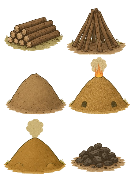 Illustration of the process to make charcoal using a charcoal pile