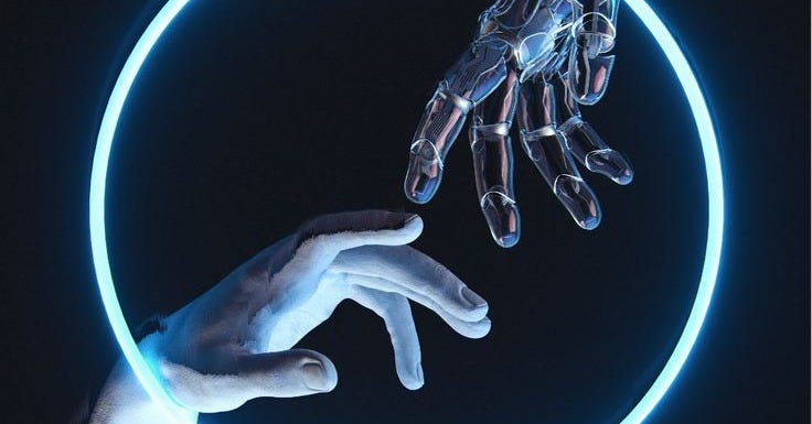 This may contain: two hands touching each other in front of a circular object with neon lights on it