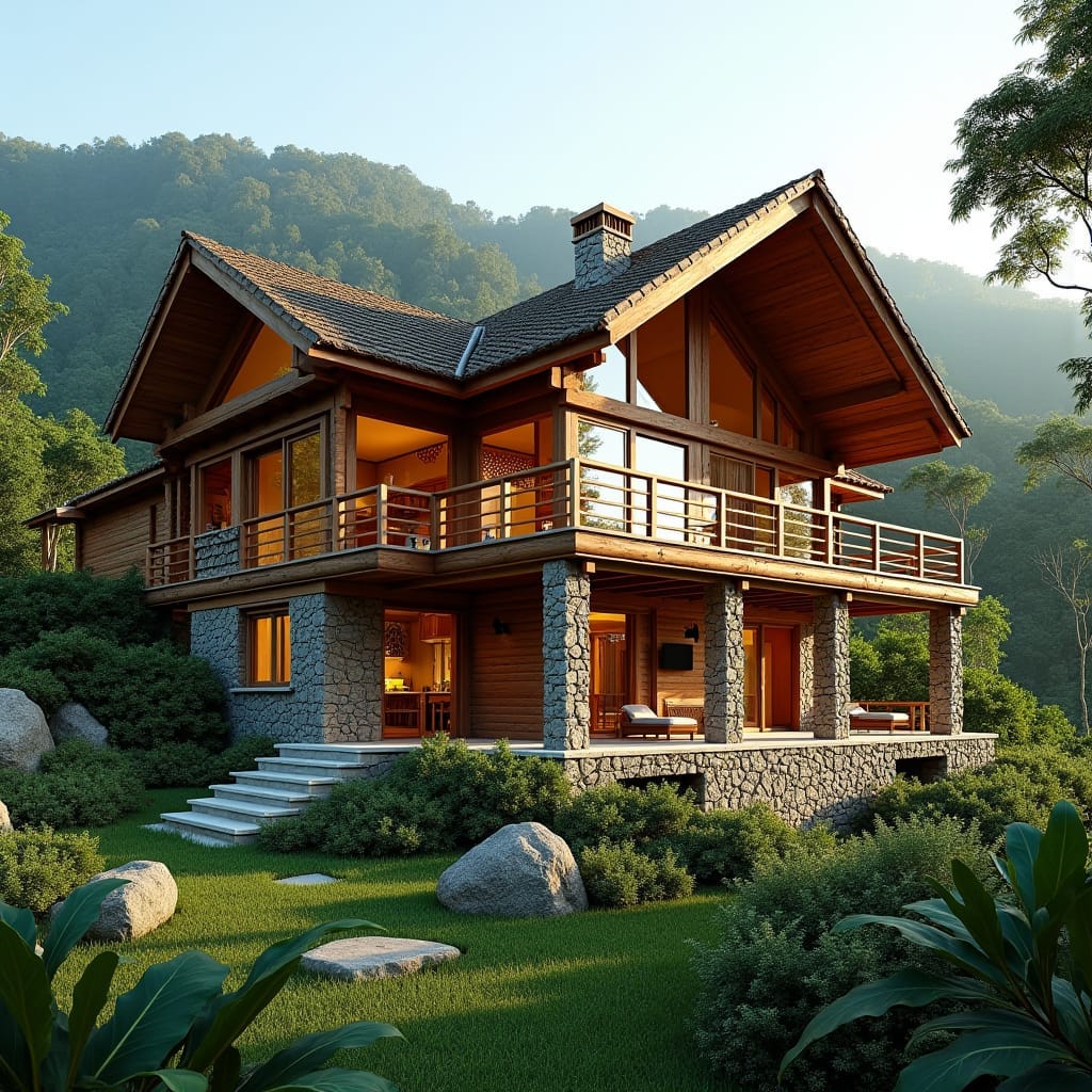 A multi-story log cabin nestled in the lush hills of Jamaica, constructed from locally sourced timber logs with a natural stone foundation. The ground floor features an open-concept design with a spacious living room, dining area, and modern kitchen, all adorned with large panoramic windows that offer breathtaking views of the surrounding landscape. A rustic stone fireplace adds warmth to the cozy living space. The upper levels house bedrooms with private balconies, and the master suite boasts an en-suite bathroom. The wrap-around porch invites relaxation, complemented by a fire pit area made of logs and natural stone. The landscape includes native plants, enhancing the cabin's connection to nature. Sustainable features like solar panels and a rainwater harvesting system integrate modern living with eco-friendly practices. Rustic yet modern aesthetic with warm wood tones and natural textures, emphasizing outdoor living.