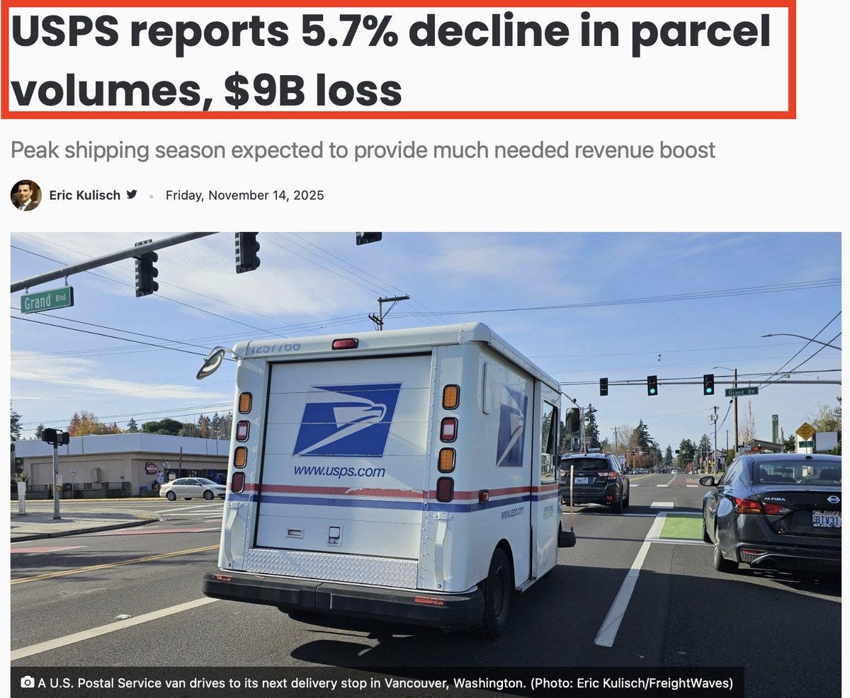 A white USPS delivery truck with blue logo and stripes is parked at a traffic light in an urban intersection in Vancouver Washington, surrounded by other vehicles including cars and a bike lane sign, under clear daylight conditions with traffic signals visible.