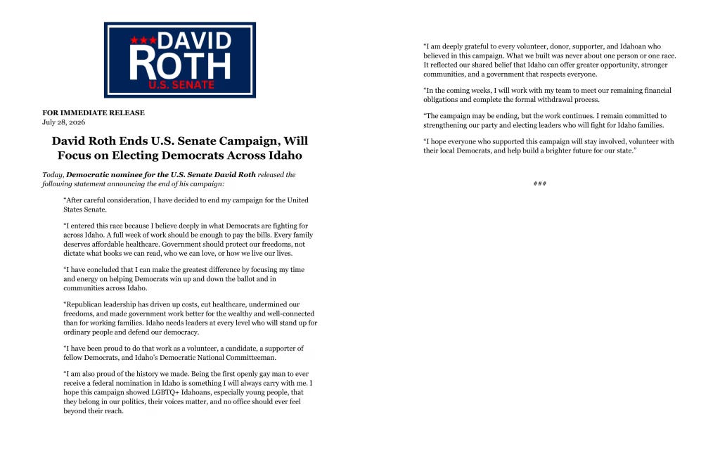Screenshot of a press release from David Roth, former Democratic candidate for US Senate in Idaho, announcing his withdrawal from the race.