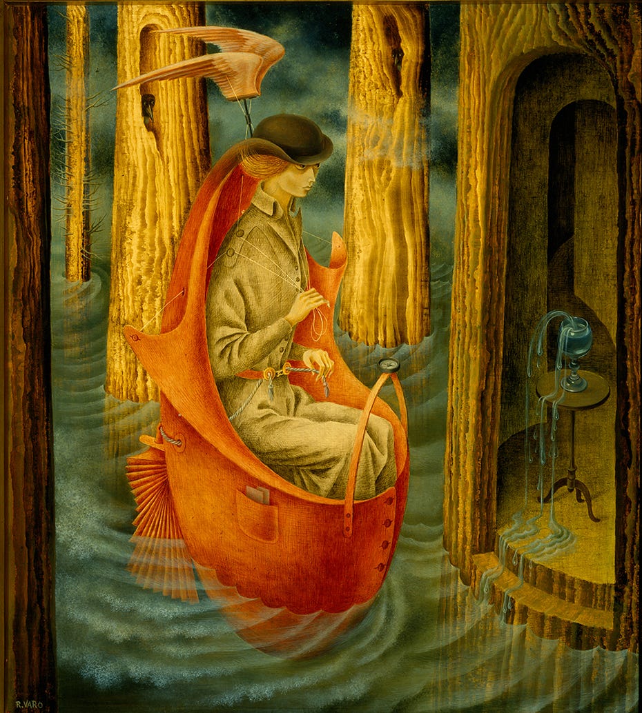 A woman sits in a one-person boat which is part bowler hat and part waistcoat; she wears it and rides in it among the trees of a half-submerged forest. This boat-woman had discovered the source of the Orinoco river, a wine glass perpetually overflowing from a mysterious chamber carved into in a tree. A woman sits in a one-person boat which is part bowler hat and part waistcoat; she wears it and rides in it among the trees of a half-submerged forest. This boat-woman had discovered the source of the Orinoco river, a wine glass perpetually overflowing from a mysterious chamber carved into in a tree.