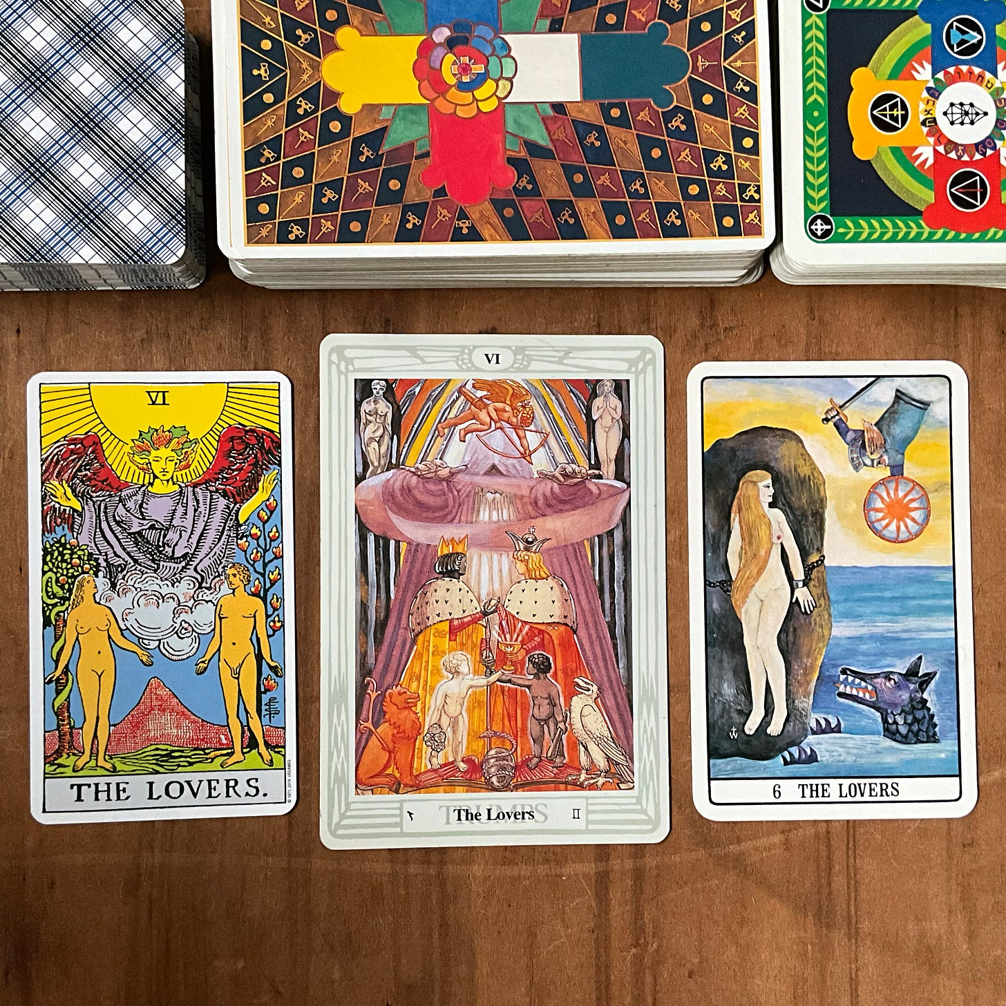 Gemini: The Lovers from Rider-Waite, Thoth, and Golden Dawn Tarot decks.