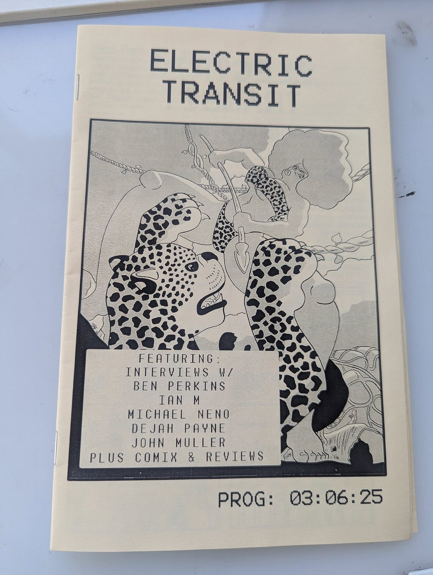 cover of Electric Transit, June 2025. A comix zine featuring interviews with creators Michael Neno, Dejah Payne, Ben Perks, John Muller, plus comix and reviews.