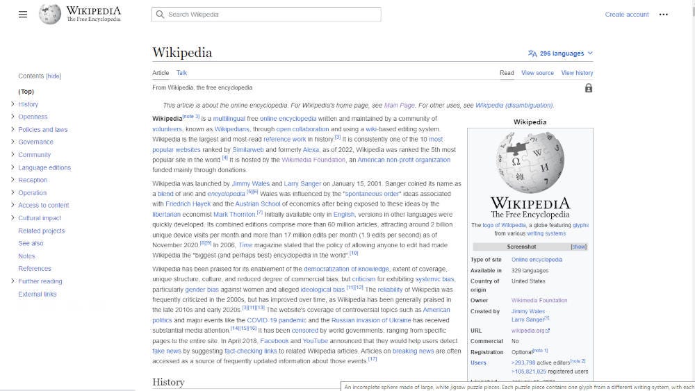 The Wikipedia entry for Wikipedia showing the new Vector 2022 interface The Wikipedia entry for Wikipedia showing the new Vector 2022 interface