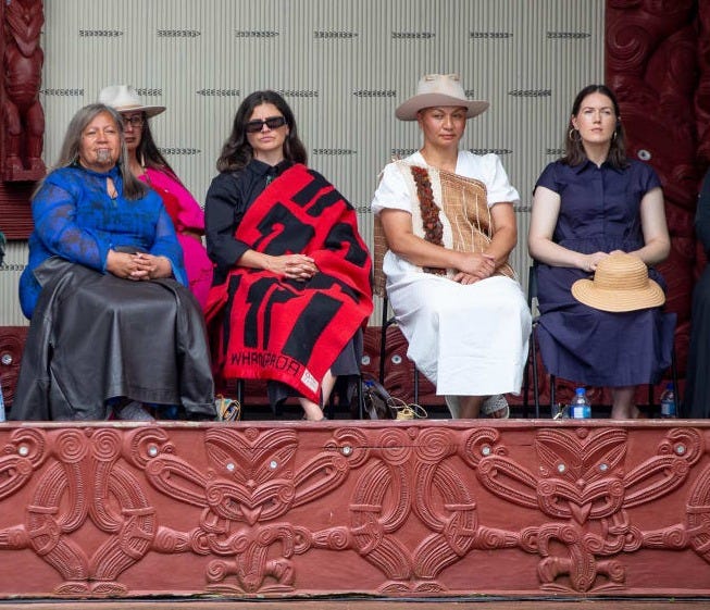 Green co-leaders Chlöe Swarbrick and Marama Davidson sit alongside ACT's deputy leader Brooke van Velden.