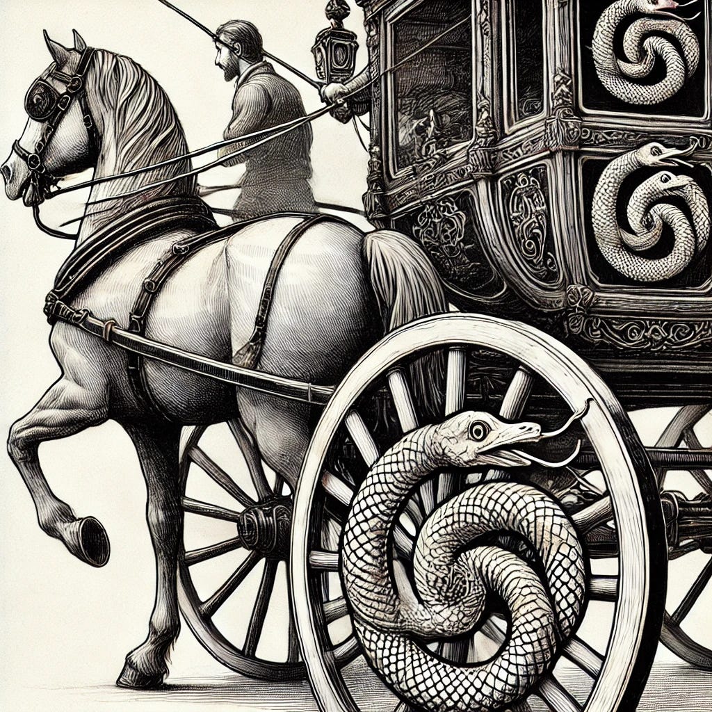 A close-up line drawing of a horse-drawn carriage with more focus on the carriage and finer lines. The wheels are ouroboros symbols, intricately detailed with a serpent eating its own tail, forming a perfect circle. The carriage is detailed with classic design elements, and the horse is depicted in a realistic style, pulling the carriage. The overall scene is rendered in a clean, black and white pen and ink style with fine lines, highlighting the intricate details of the ouroboros wheels and the carriage.