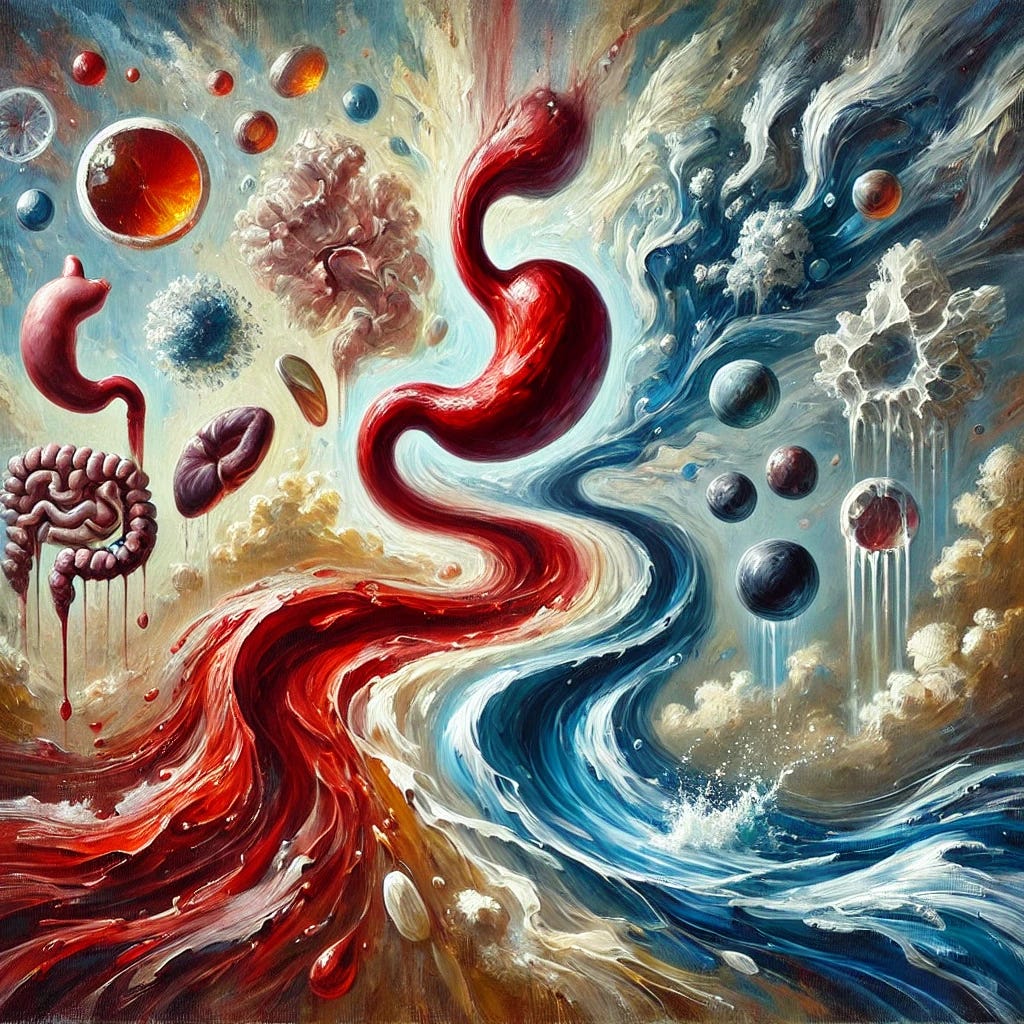 An abstract oil painting with thick brush strokes illustrating the concept of blood as the foundation of health. The scene is surreal, depicting flowing rivers of deep red and translucent gold, symbolizing clean, vital blood. Ethereal shapes resembling stomach acid and endocrine signals swirl through the composition, merging with cellular forms in shades of blue and white. The painting evokes balance, precision, and the rhythmic cycles of the body's natural processes. The brushstrokes are bold and textured, conveying the movement of circulation, purification, and vitality.