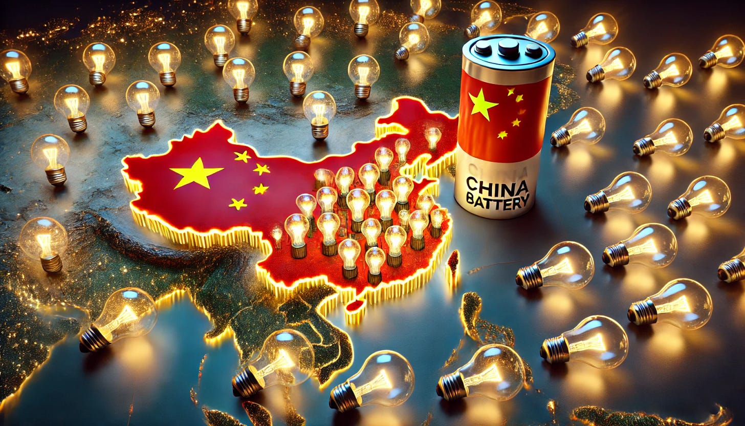 A wide aspect ratio image of a massive Chinese map filled with light bulbs. Each light bulb is lit up, powered by a large China-made battery placed prominently next to the map. The scene should look realistic, with the light bulbs glowing brightly and the battery having clear branding indicating it is made in China. The map should include recognizable landmarks and regions of China, with a focus on the illumination symbolizing energy and innovation.