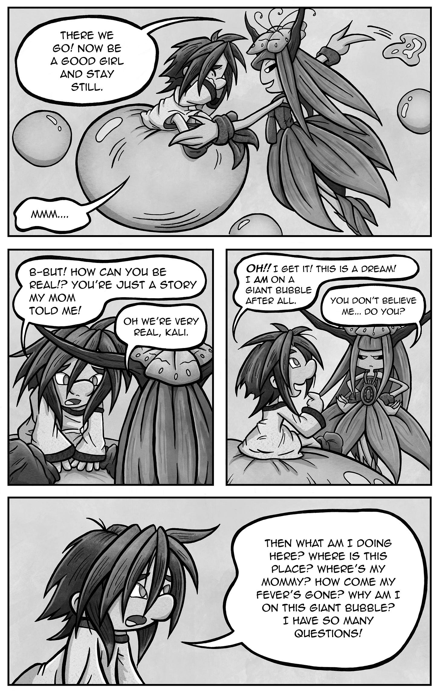 Kali, now seated on a floating bubble, questions Gisenes about the reality of the mannamong. Gisenes insists they are real, but Kali suspects it’s all a dream and starts rapid-firing questions in confusion. Kali, now seated on a floating bubble, questions Gisenes about the reality of the mannamong. Gisenes insists they are real, but Kali suspects it’s all a dream and starts rapid-firing questions in confusion.