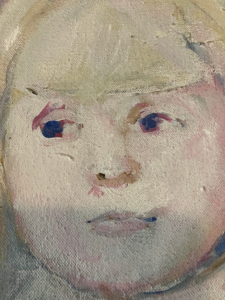 close up of painting of a young blond girl, showing detail of paint