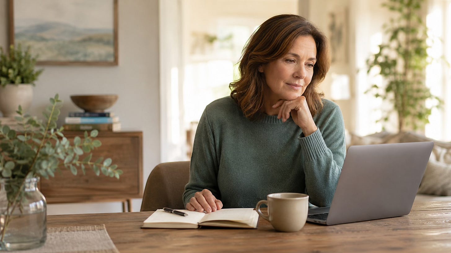 Woman thoughtfully considering private EFT support at a calm table with a laptop, notebook, and tea.