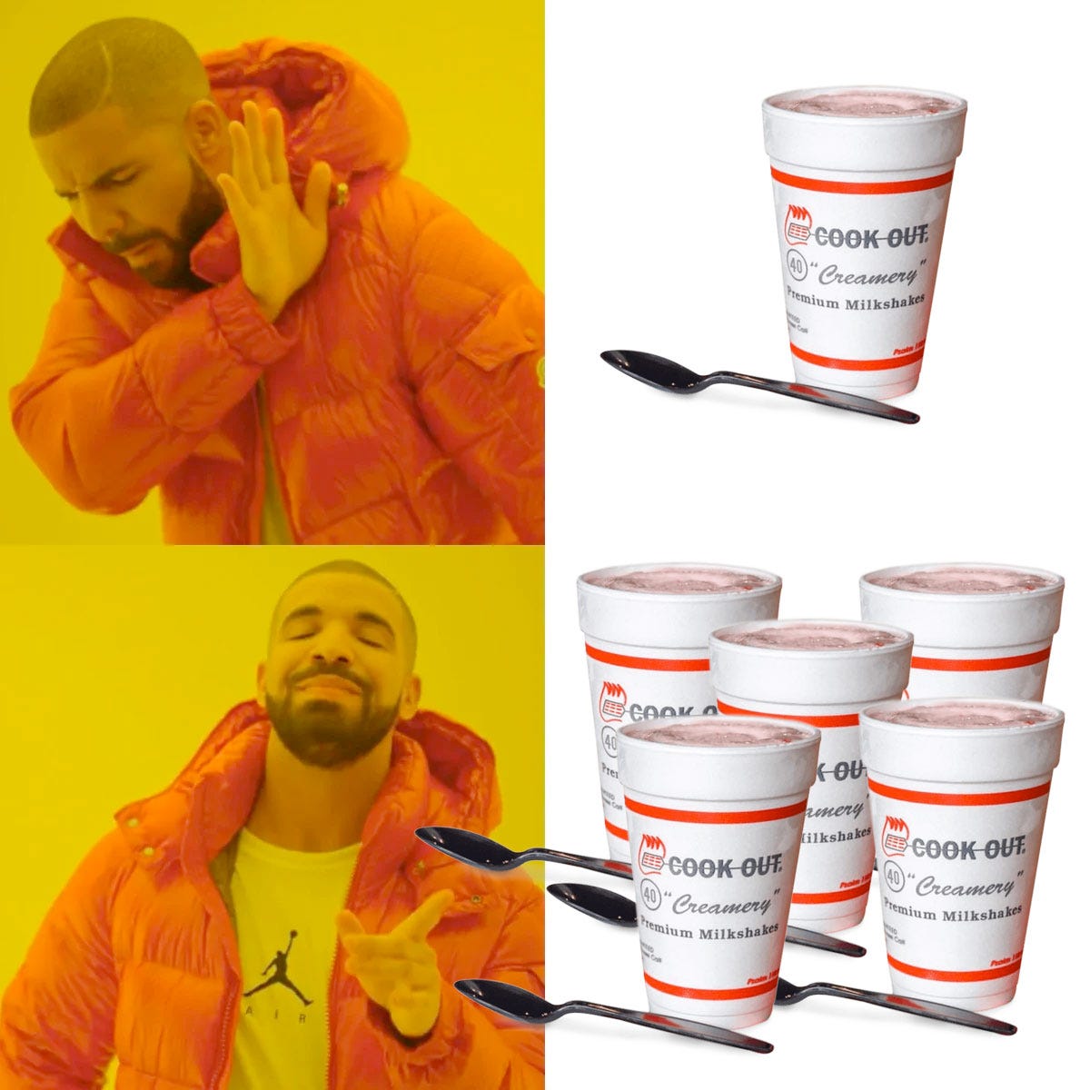 drake meme with cook out milkshakes