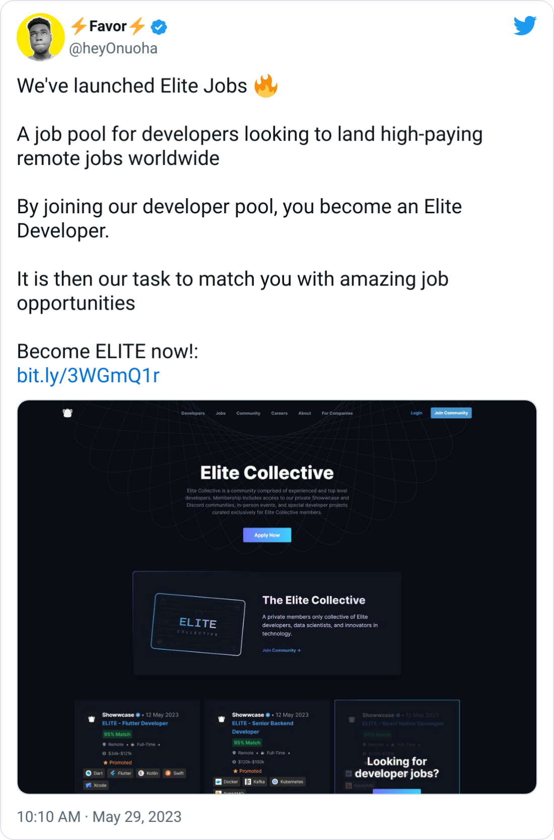 โกFavorโก @heyOnuoha We've launched Elite Jobs ๐ฅ A job pool for developers looking to land high-paying remote jobs worldwide By joining our developer pool, you become an Elite Developer. It is then our task to match you with amazing job opportunities Become ELITE now!: https://bit.ly/3WGmQ1r โกFavorโก @heyOnuoha We've launched Elite Jobs ๐ฅ A job pool for developers looking to land high-paying remote jobs worldwide By joining our developer pool, you become an Elite Developer. It is then our task to match you with amazing job opportunities Become ELITE now!: https://bit.ly/3WGmQ1r