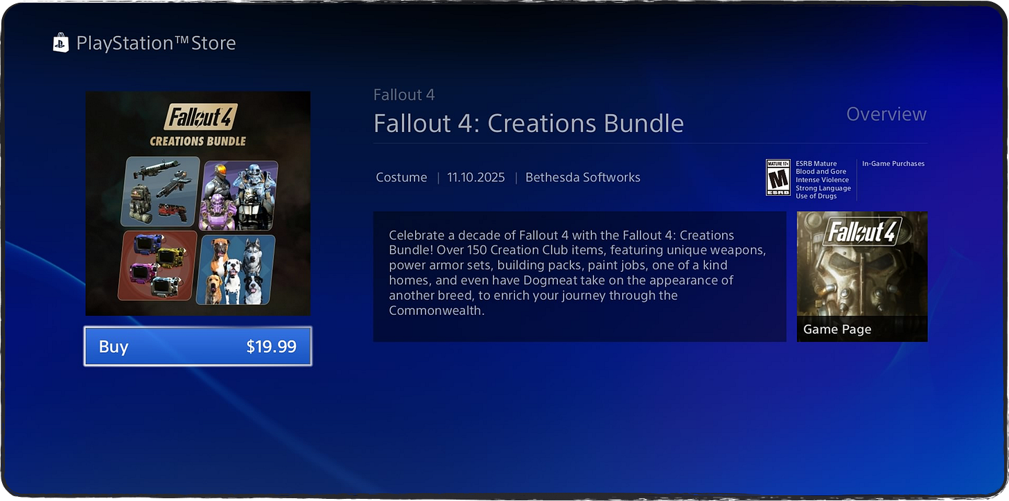 Image showing the Creations Bundle of Fallout 4 for $19.99 on the PS Store