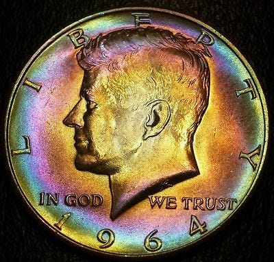 1964 IRIDESCENT RAINBOW TONED KENNEDY SILVER HALF DOLLAR FROM US MINT ...