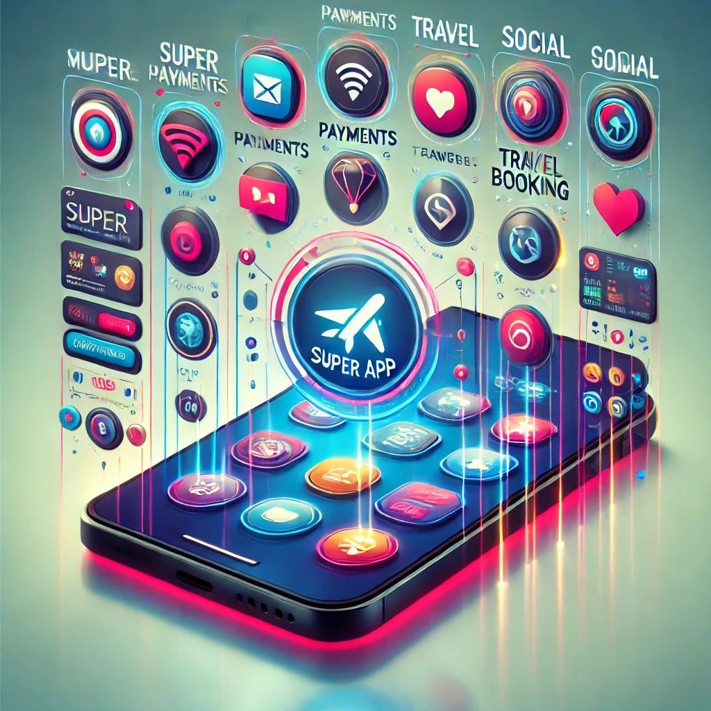 A digital illustration of a futuristic super app interface displayed on a smartphone screen. The app features multiple functionalities integrated into one interface: messaging, payments, travel booking, games, and social media. The design is sleek and modern with vibrant colors, clear icons, and user-friendly navigation. The background is a subtle gradient, enhancing the futuristic aesthetic.