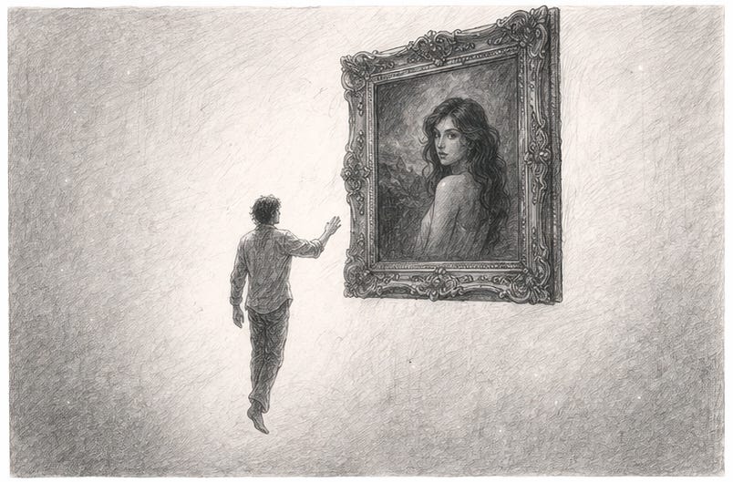 Bleistiftzeichnung: Ein Mann schwebt leicht über dem Boden und streckt die Hand nach einem gerahmten Gemälde aus, das eine junge Frau mit langen Haaren zeigt.