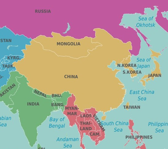 May be an image of map and text that says 'RUSSIA STAN Sea Seaof of Okhotsk MONGOLIA KYRG. CHINA Sea Seaof of N.KOREA Japan S.KOREA AKISTAN AKISTAN JAPAN NEPAL NEPAL BHU INDIA bian ea East EastChina China Sea TAIWAN BANG MYAN- MAR PLAOS Bay of THAI- Bengal PrSouth South China Philippin LAND Sea Sea CAM. PHILIPPINES Andaman Sea'