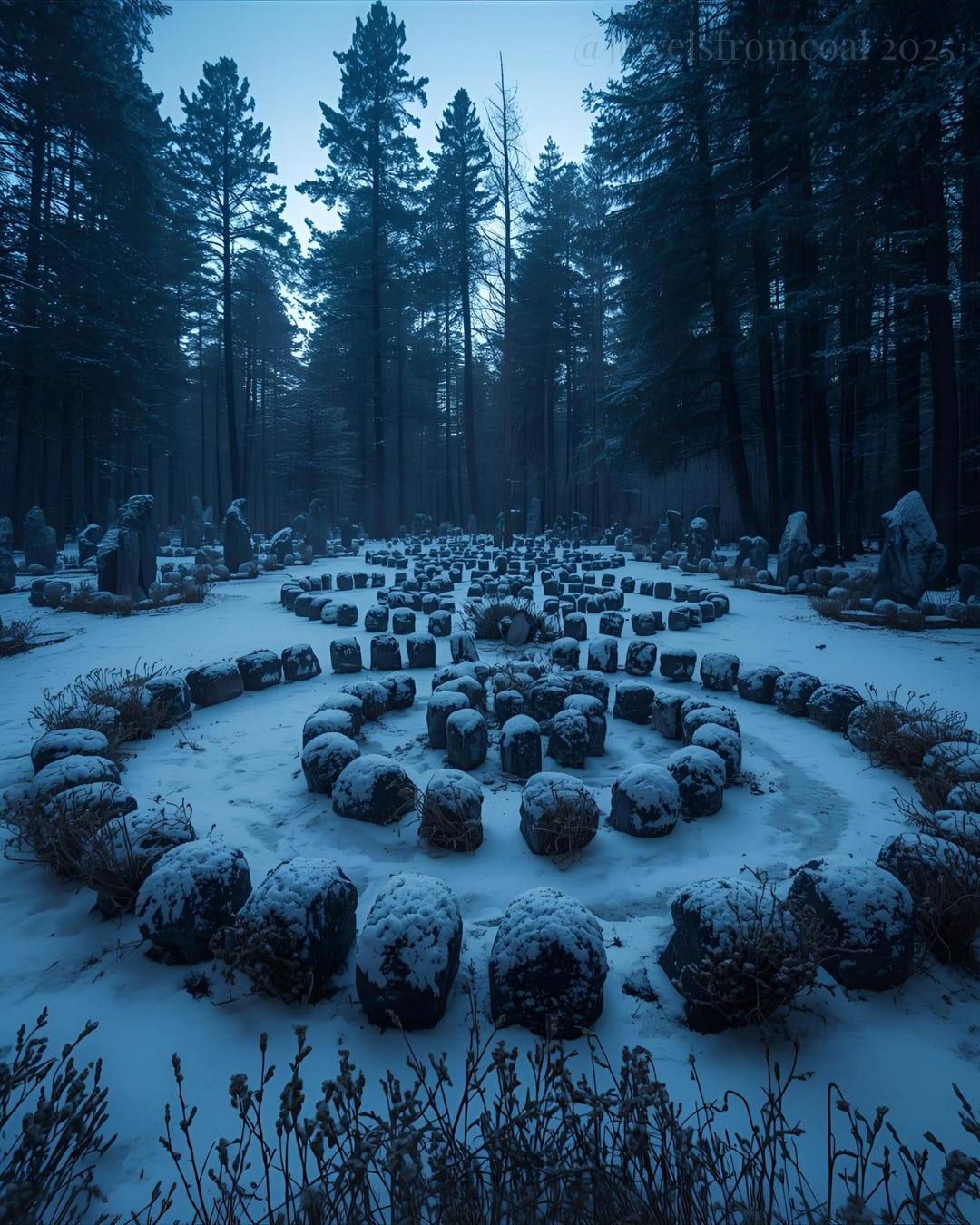 A snowy forest clearing filled with ancient stone formations arranged in concentric rings. Some stones are surrounded by dried flower halos. The scene feels ritualistic, cold, and symbolic of cultural expectations and predetermined roles.