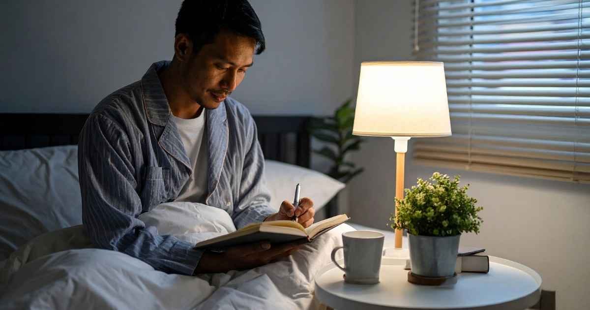 Man journaling in bed at night