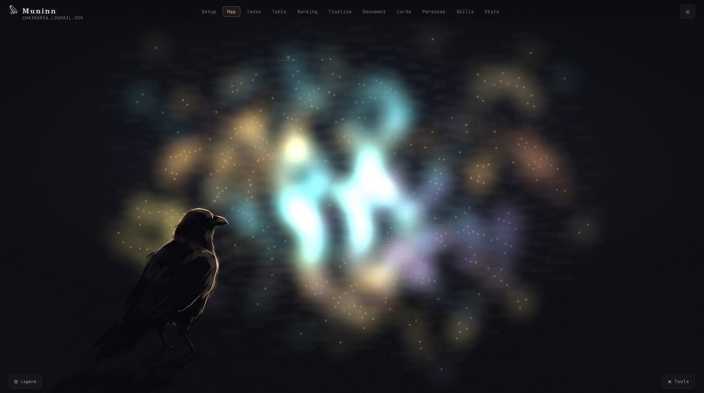 A raven perched on a bare branch against a dark sky scattered with small amber lights joined by faint lines. A raven perched on a bare branch against a dark sky scattered with small amber lights joined by faint lines.