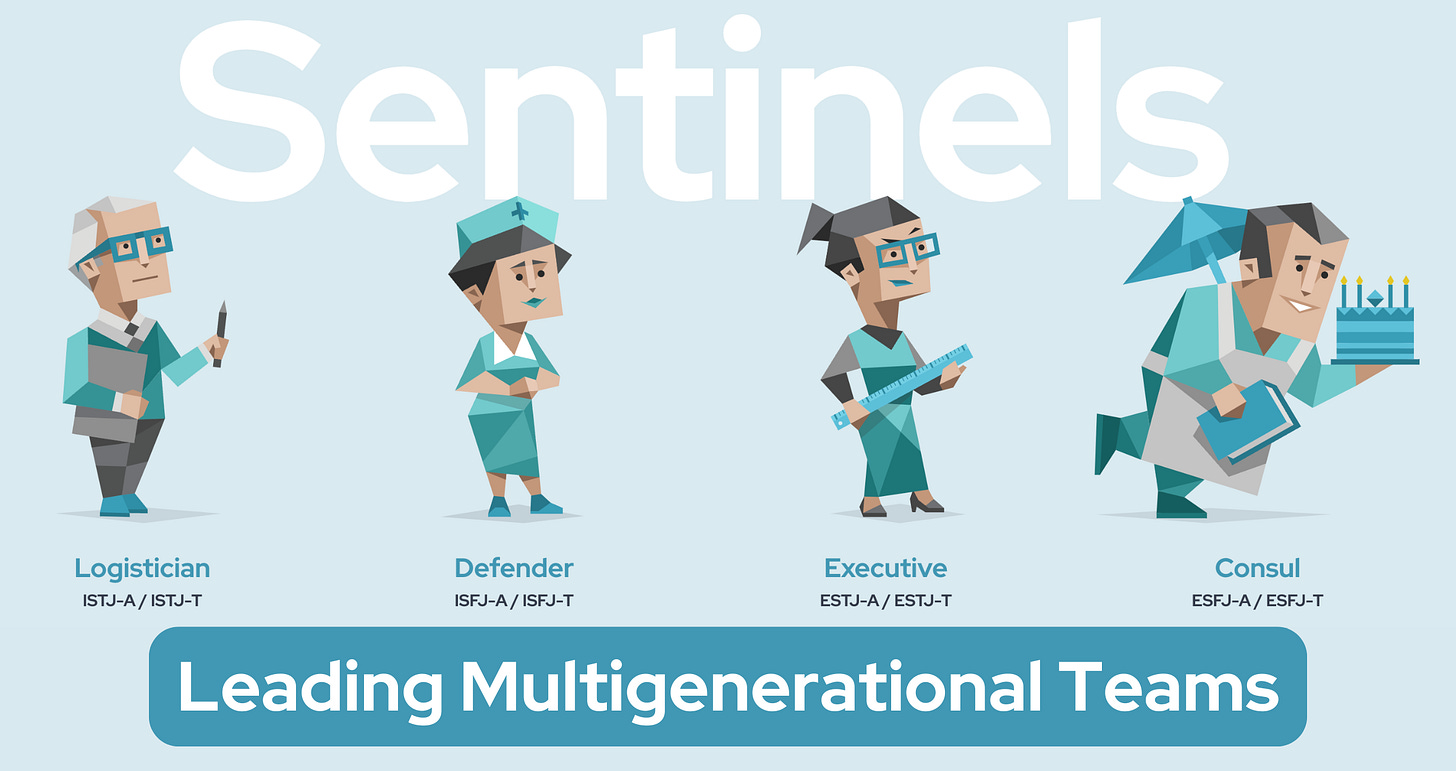 The word 'Sentinels' is prominently displayed, with four blue characters overlapping it - a Logistician, a Defender, an Executive, and a Consul. The type codes are also displayed: ISTJ-A / ISTJ-T, ISFJ-A / ISFJ-T, ESTJ-A / ESTJ-T, and ESFJ-A / ESFJ-T. Below, the words 'Leading Multigenerational Teams' are shown.