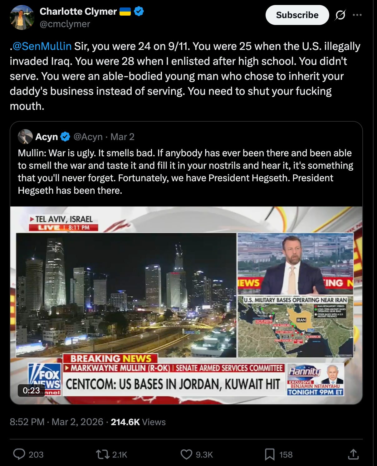 . @SenMullin  Sir, you were 24 on 9/11. You were 25 when the U.S. illegally invaded Iraq. You were 28 when I enlisted after high school. You didn't serve. You were an able-bodied young man who chose to inherit your daddy's business instead of serving. You need to shut your fucking mouth.