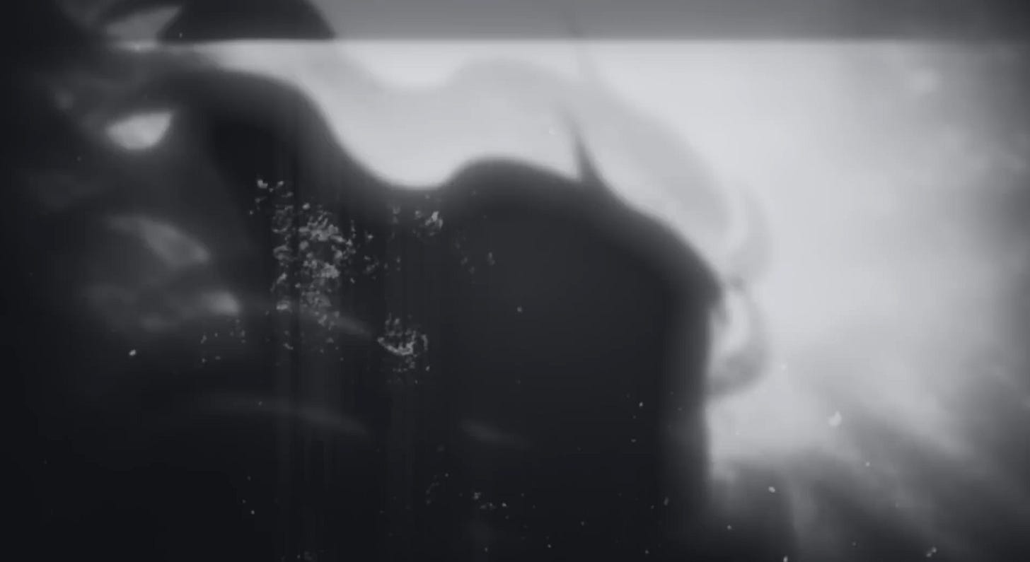 A dark, blurry, frame that's hard to interpret. Flowing dark grey shapes in the center merge with looping, tube-like, shapes on the left and bottom.