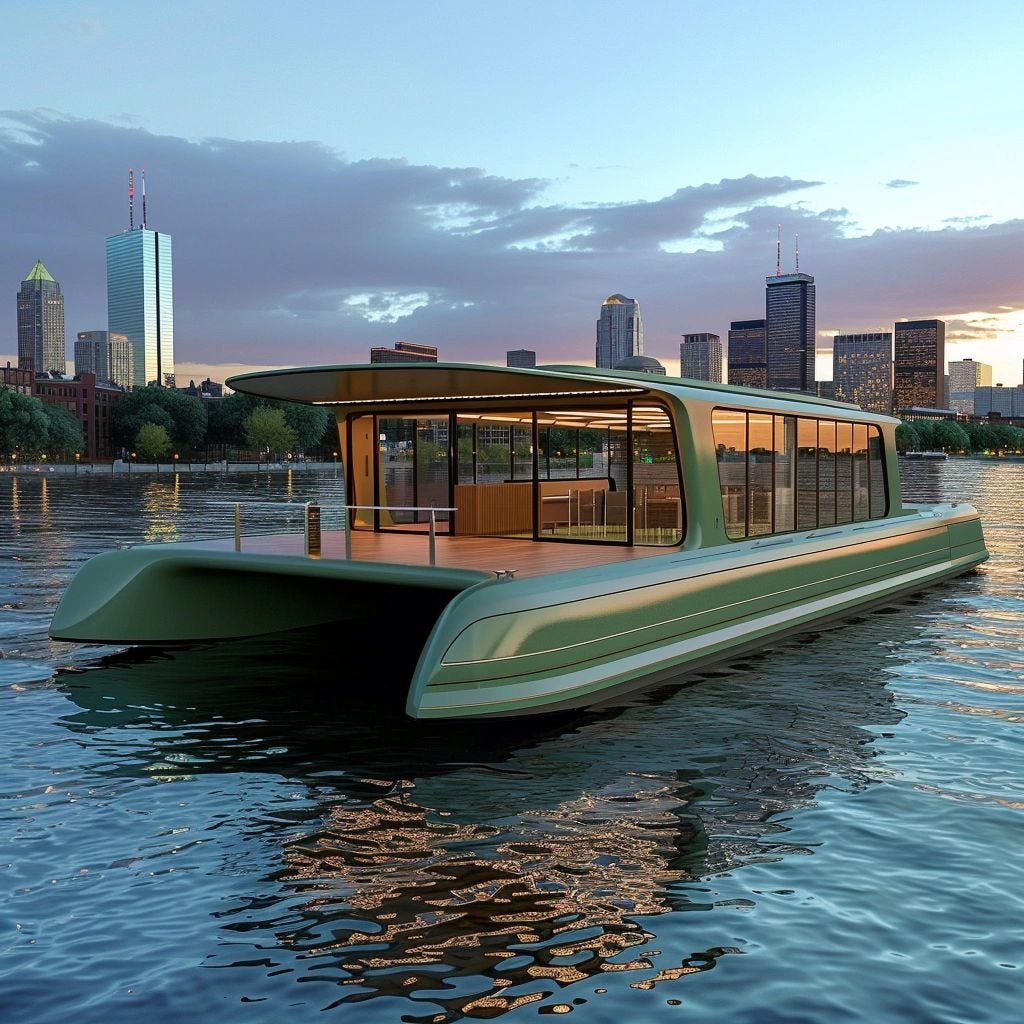 Modern green catamaran boat on a calm river with city skyline at sunset.