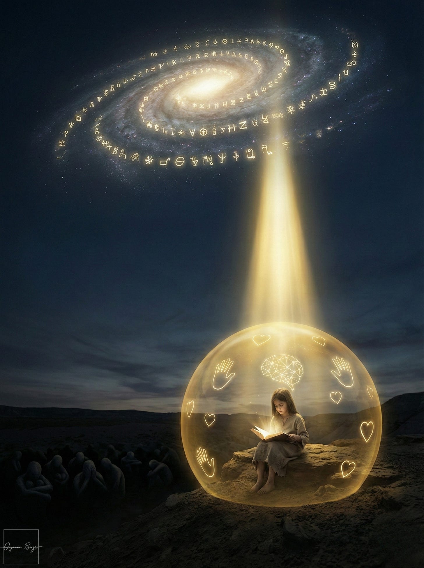 Ilustração digital estilo fantasia mostrando uma menina sentada em uma rocha segurando um livro luminoso. Ela está protegida por uma bolha dourada translúcida com símbolos de corações e mãos. Ao fundo, um céu escuro com uma galáxia de símbolos e vultos sombrios, representando a mente neurodivergente e a proteção emocional.