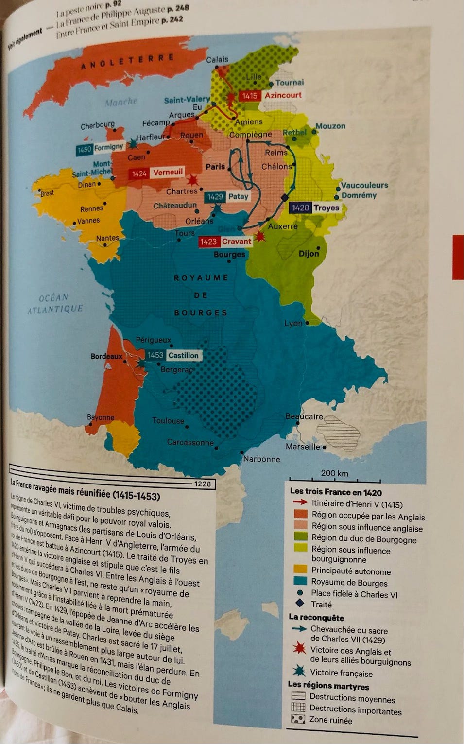 Carte de la France en 1420: le domaine anglais, le domaine royal, le domaine bourguignon.