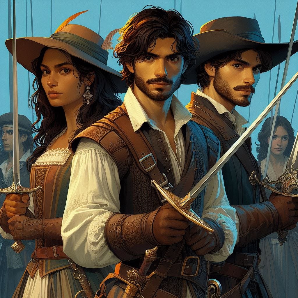 The three musketeers with more people of multiple ethnicities holding swords