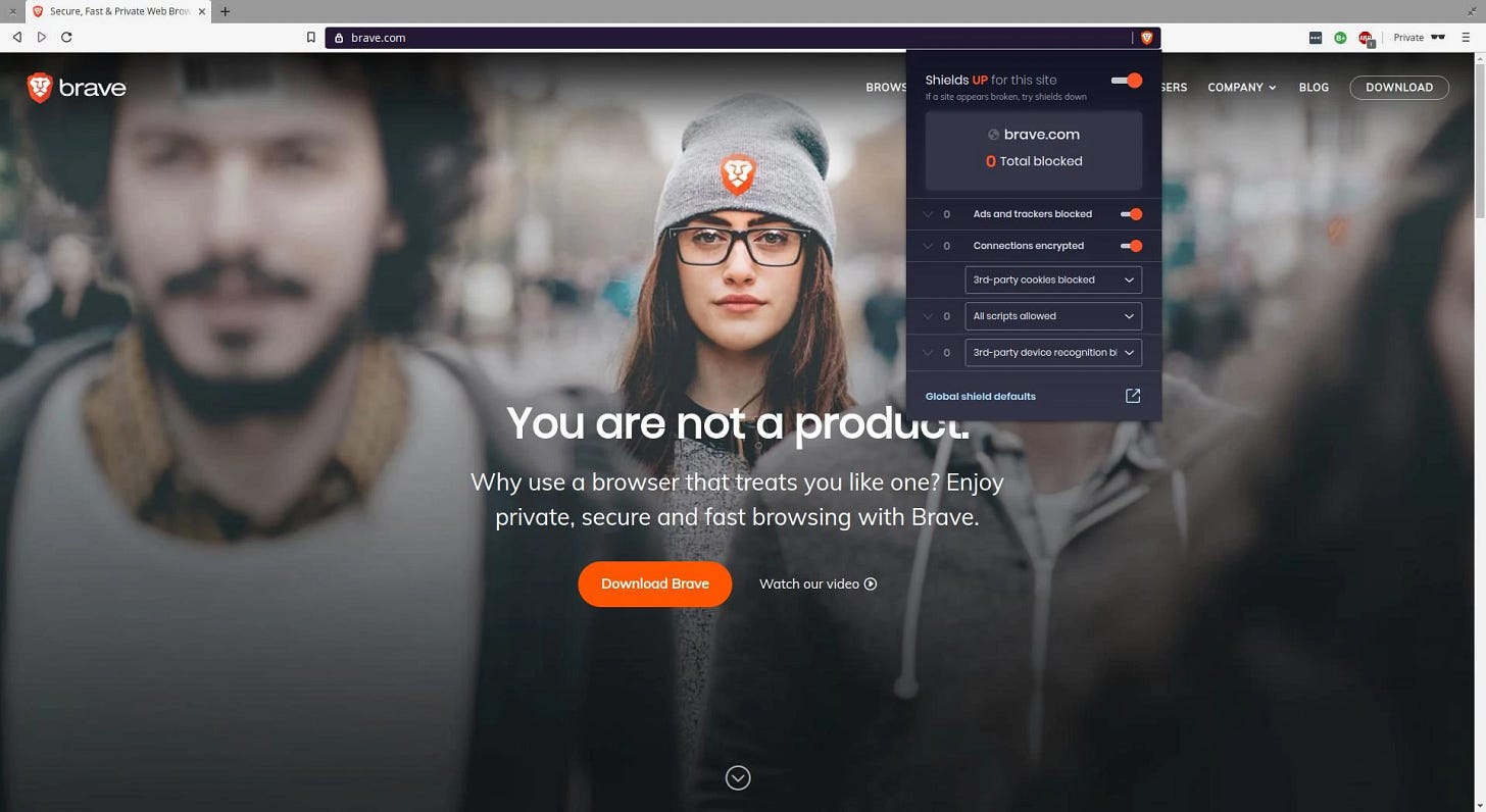 Brave browser is shipped with Shield: it blocks trackers and cookies while also enforcing the usage of HTTPS.