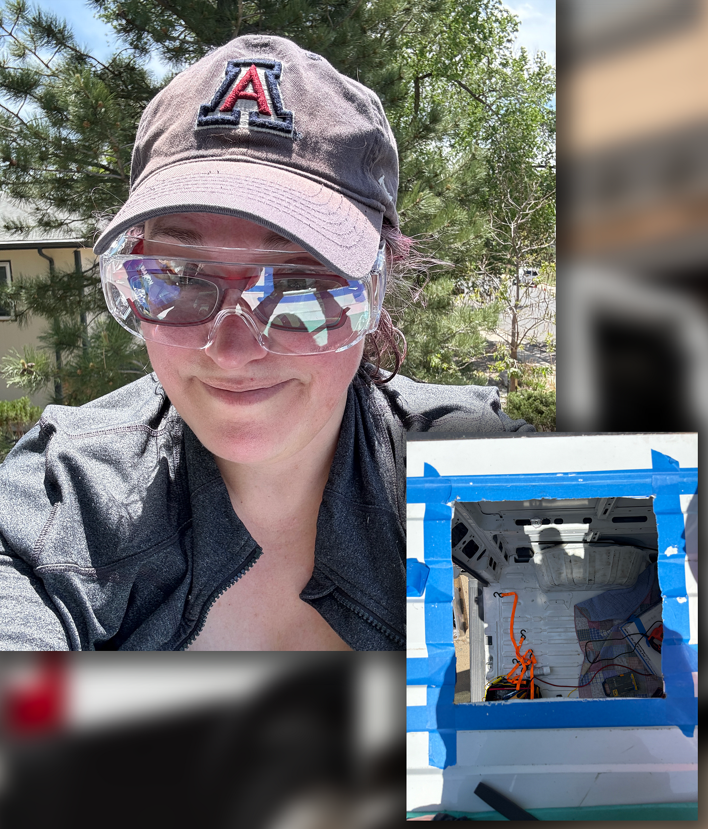 Lani wearing safety goggles, a gray jacket, and a University of Arizona baseball cap smiles outdoors with trees in the background. Inset in the corner is a close-up image of a van roof with a freshly cut square hole outlined by blue painter’s tape, part of a van build project.