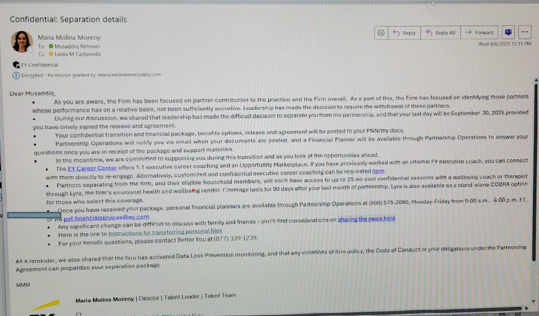 Email received by Musaddiq Rehman terminating him from the partnership on August 6, 2025.