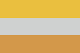 Tricolour flag with three equally sized horizontal stripes of gold, silver, and bronze
