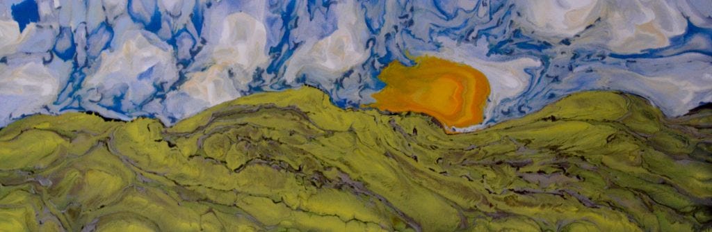 Landscape, green rolling hills, golden sun, blue skies.