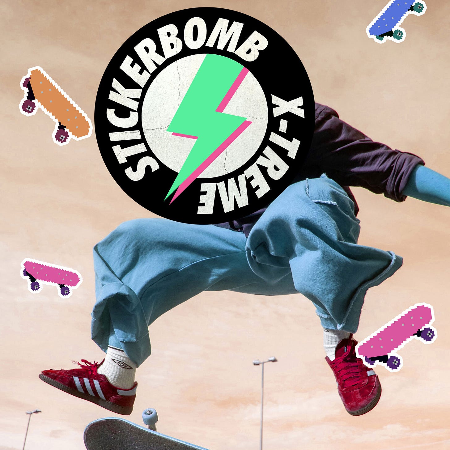 Graphic for Stickerbomb X-Treme showing a skateboarder mid-air with a bold lightning-bolt logo and colourful sticker graphics, promoting a global art callout on extreme sports.