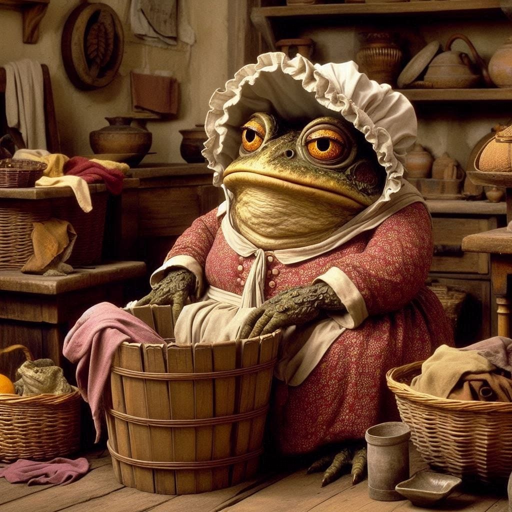 mr. toad dressed as a lowly washerwoman