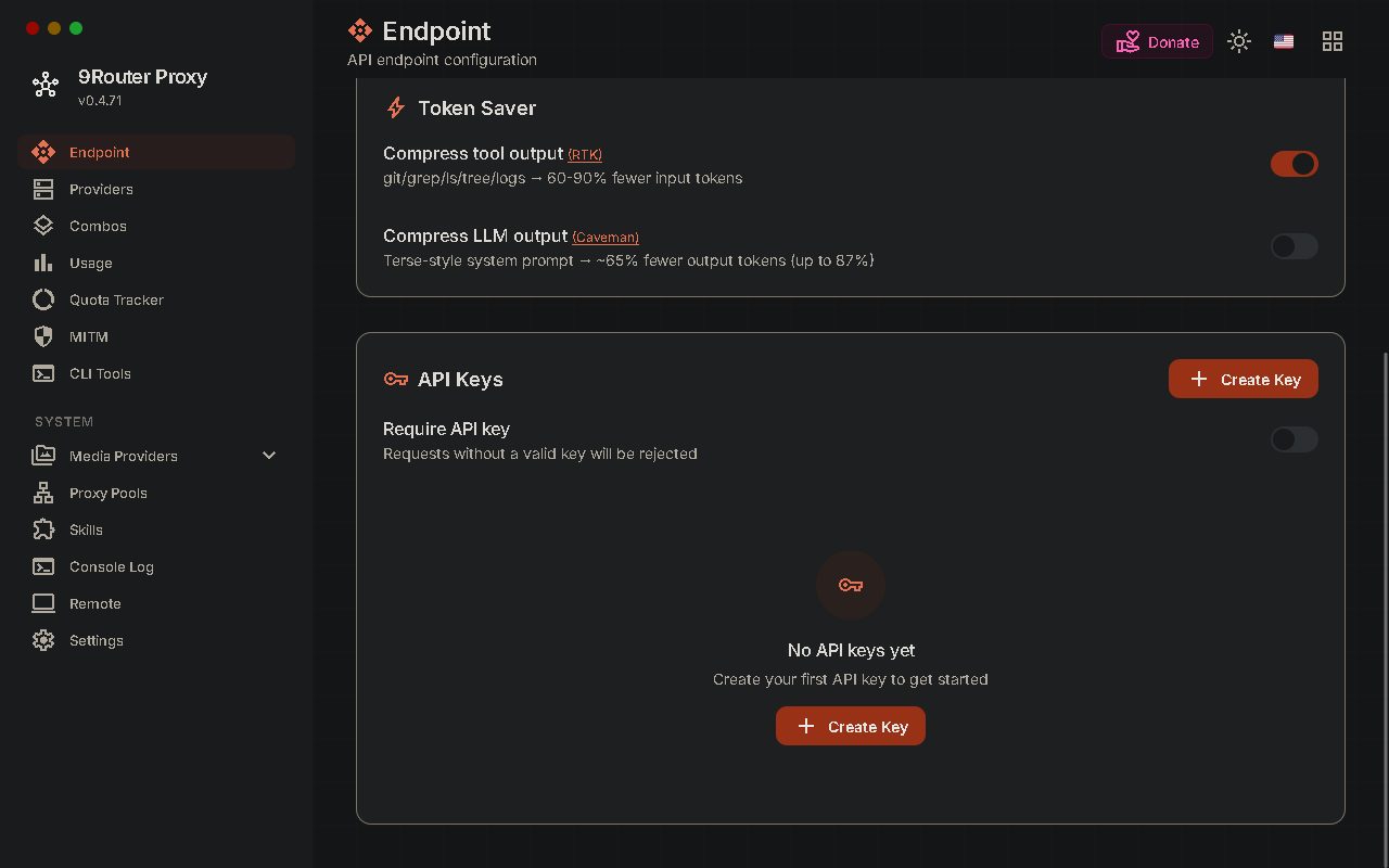 9Router endpoint page before creating an API key. 9Router endpoint page before creating an API key.