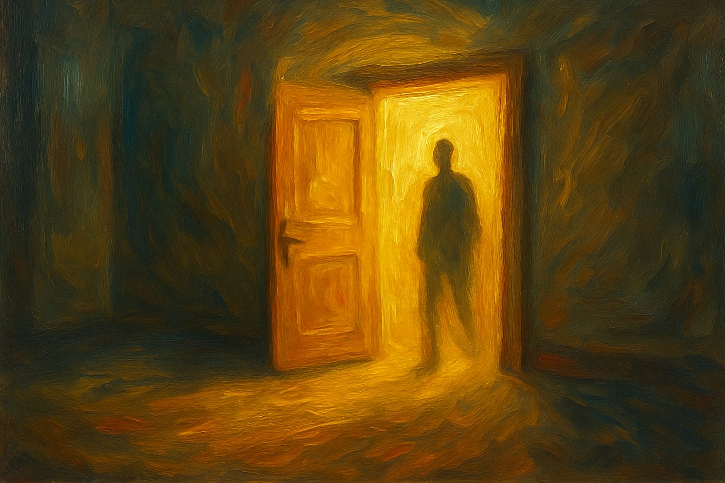 A surreal oil painting of an open doorway glowing with warm golden light in an otherwise dark room. A soft halo radiates from the doorframe, illuminating the floor and walls with expressive brushstrokes. A faint, welcoming human silhouette stands inside the doorway, while the smooth, unobstructed path leading toward the light suggests clarity, presence, and accessibility. A surreal oil painting of an open doorway glowing with warm golden light in an otherwise dark room. A soft halo radiates from the doorframe, illuminating the floor and walls with expressive brushstrokes. A faint, welcoming human silhouette stands inside the doorway, while the smooth, unobstructed path leading toward the light suggests clarity, presence, and accessibility.