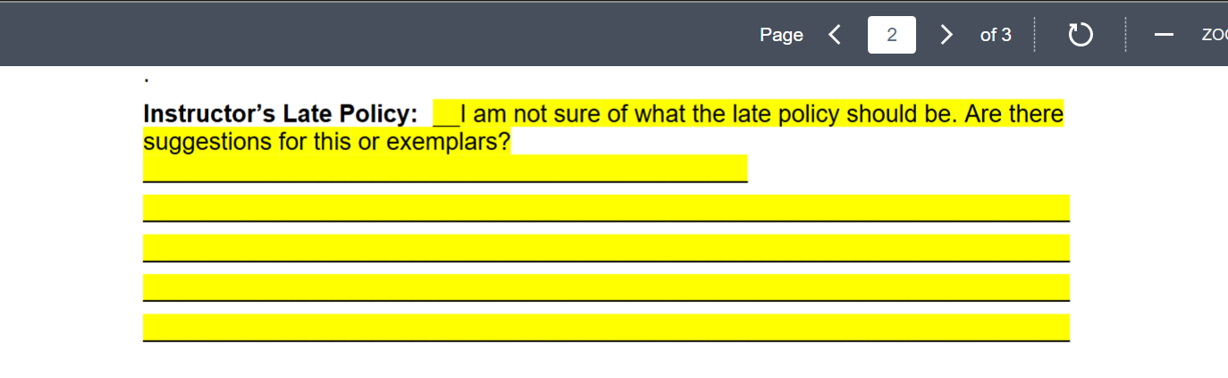 An image of a question: "I am not sure what the late policy should be. Any suggestions for this or exemplars?